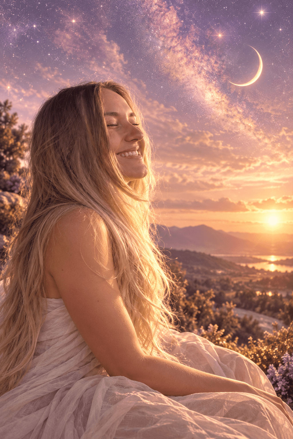Gemma Rose smiling with her eyes closed beneath a cosmic sunset sky