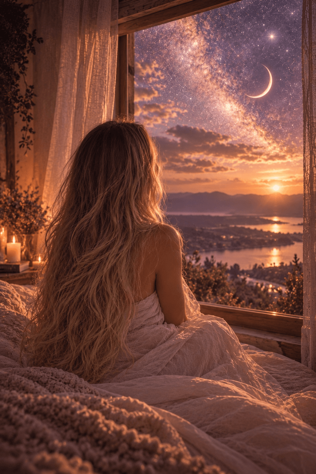 Gemma sitting on a candlelit bed, gazing out of a window at a cosmic sunset